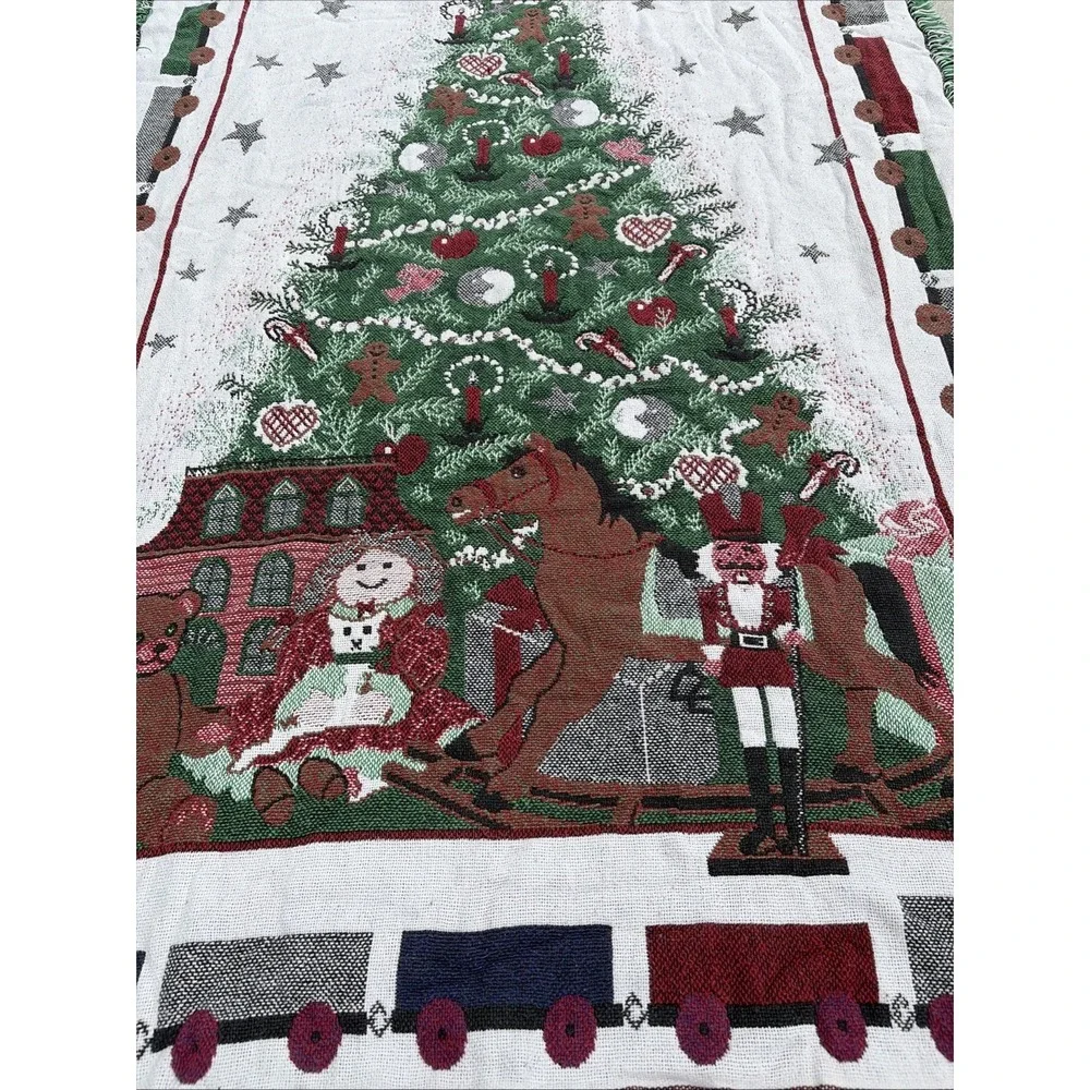 Coming Home Christmas Rocking Horse & Train Woven Throw Blanket –USA 100% Cotton